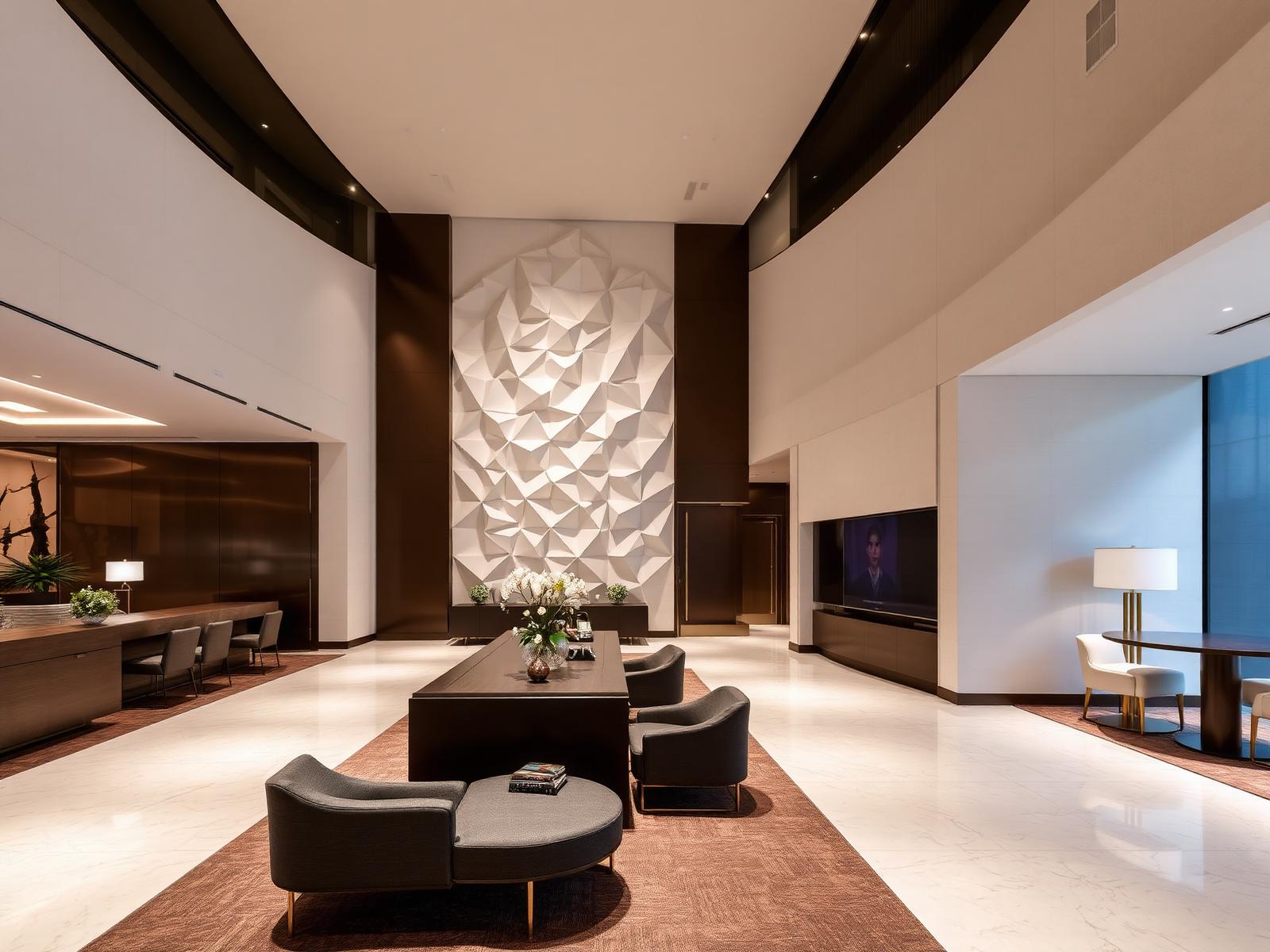 Origami feature wall, hotel lobby